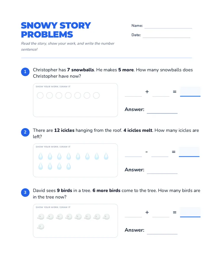 Snowy Story Problems Worksheet page 1