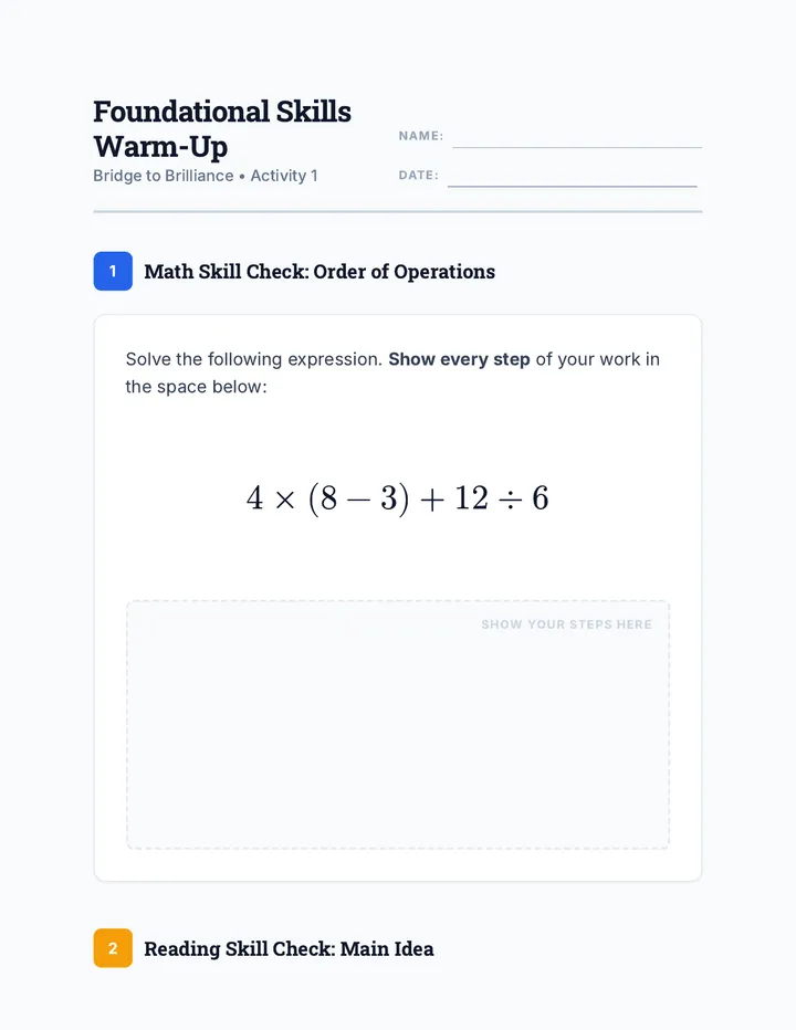 Foundational Skills Warm-Up Worksheet