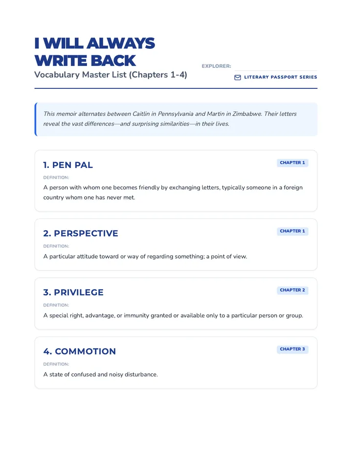 I Will Always Write Back Vocab List