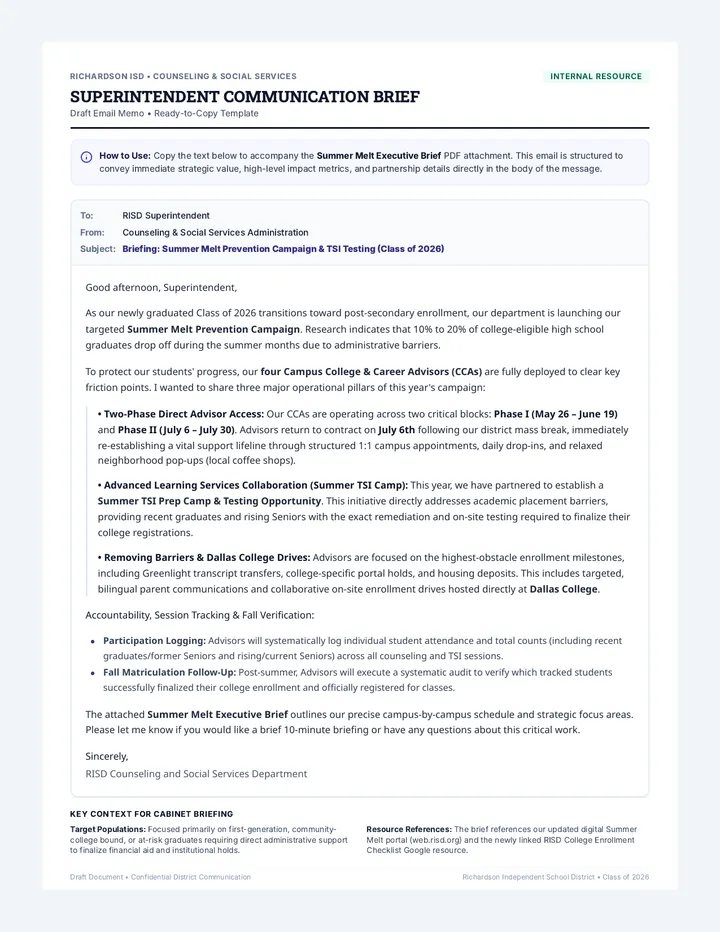 Superintendent Briefing Email Draft page 1