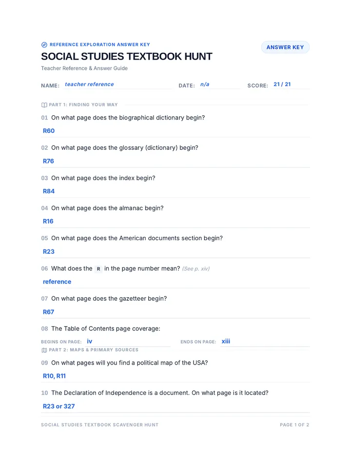 Textbook Scavenger Answer Key