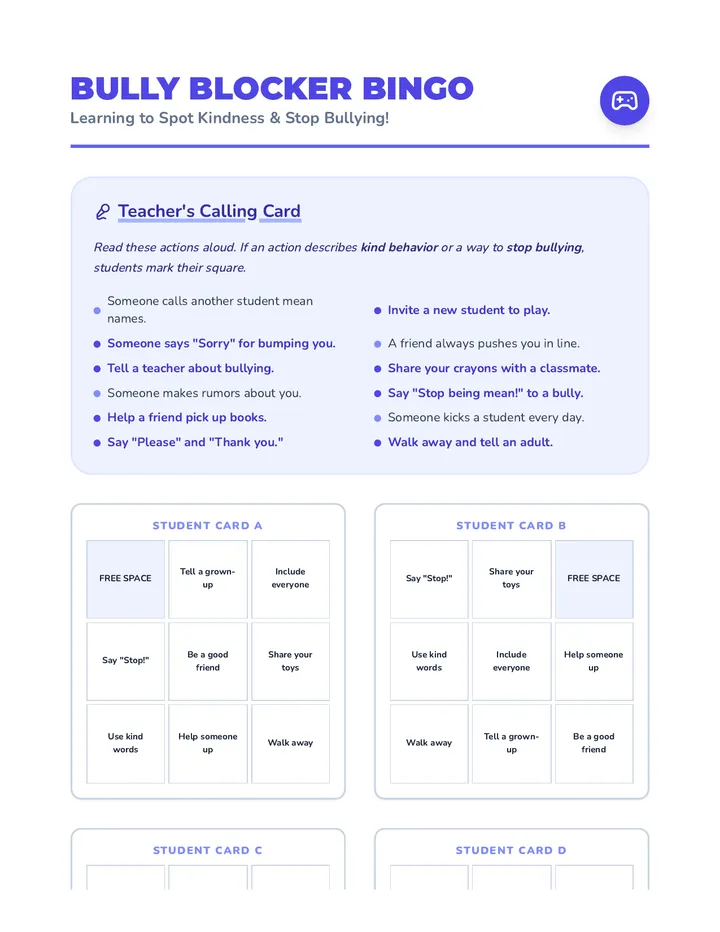 Bully Blocker Bingo Game
