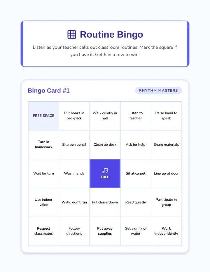 Routine Bingo Game Boards