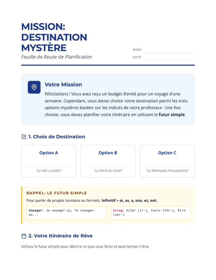 Mission Destination Mystère Worksheet