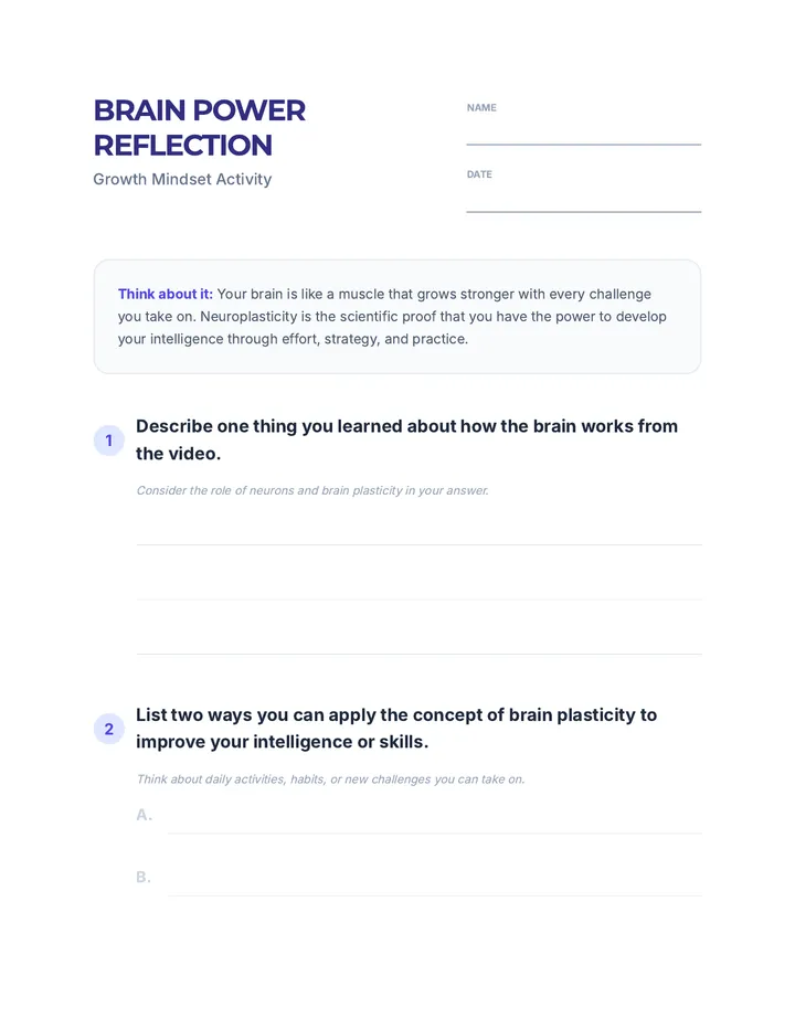Brain Power Boost Reflection Worksheet