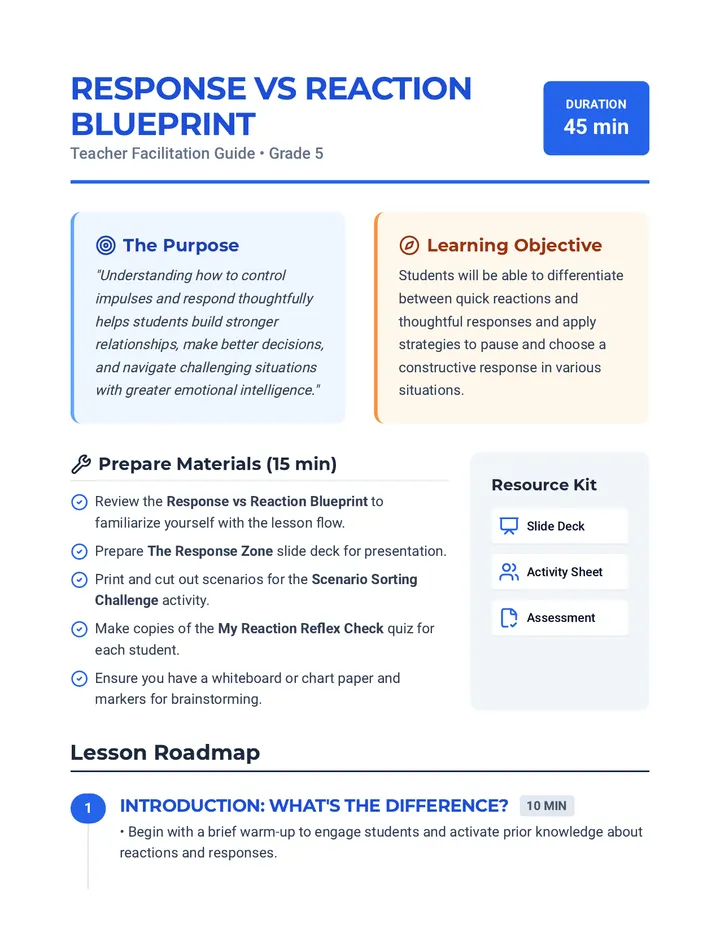 Response Reaction Blueprint Teacher Guide