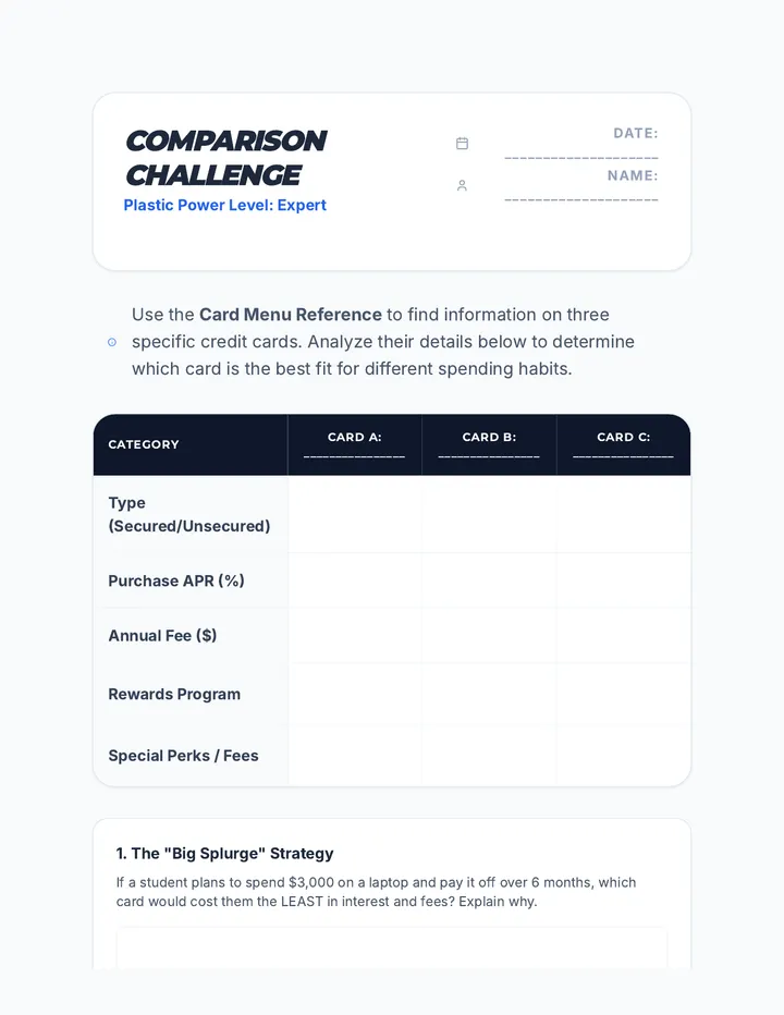 Card Comparison Worksheet