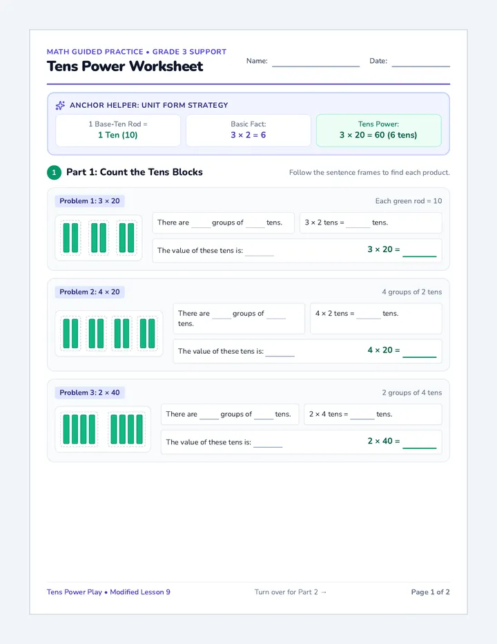 Tens Power Worksheet