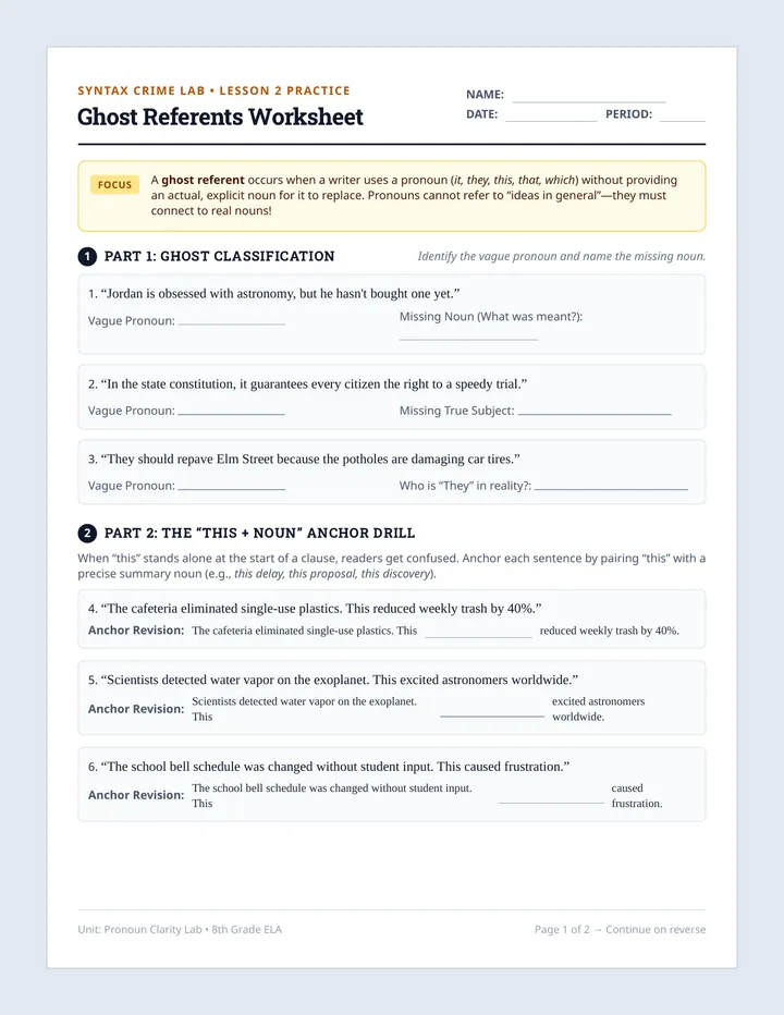 Ghost Referents Worksheet
