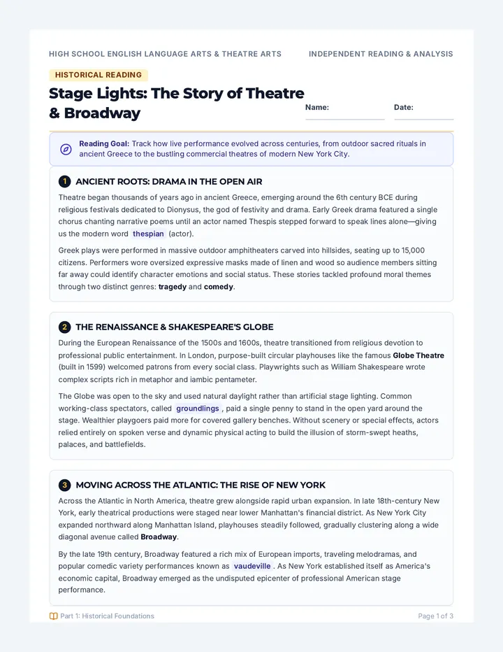 Stage Lights Reading Comprehension