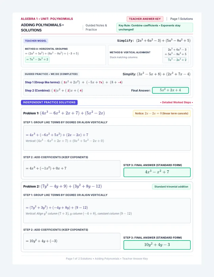 Polynomial Operations Answer Key
