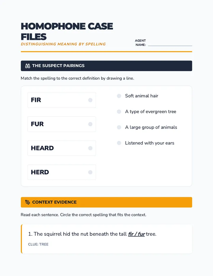 Homophone Case Files Worksheet