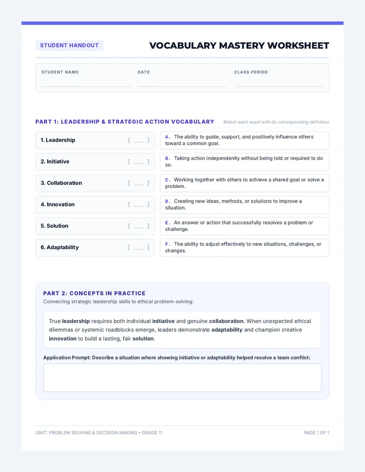 Grade 11 Vocabulary Worksheet