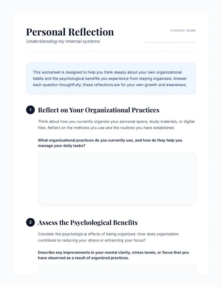 Personal Reflection Worksheet Reflection Sheet