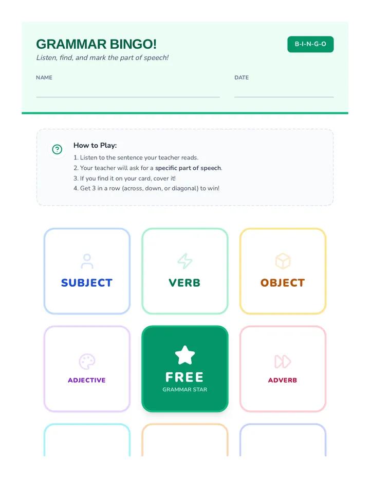 Grammar Bingo Card Student Activity