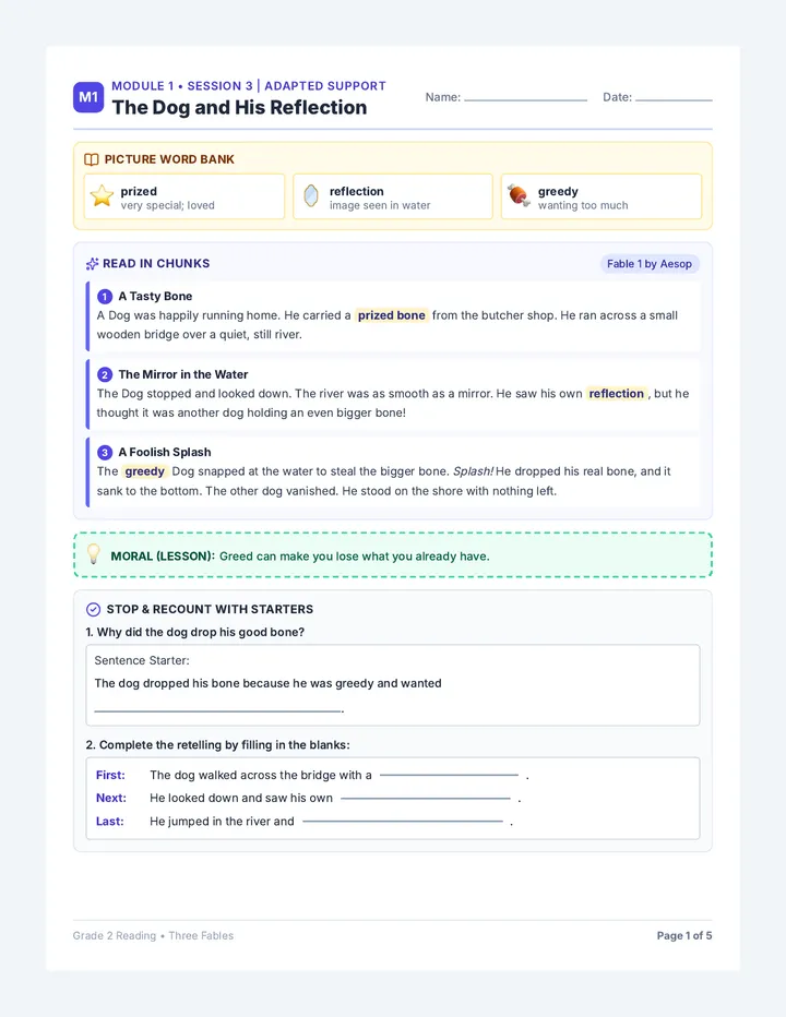 Three Fables Adapted Worksheet