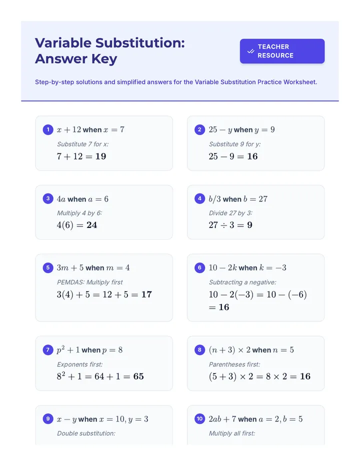 Variable Substitution Practice Answer Key