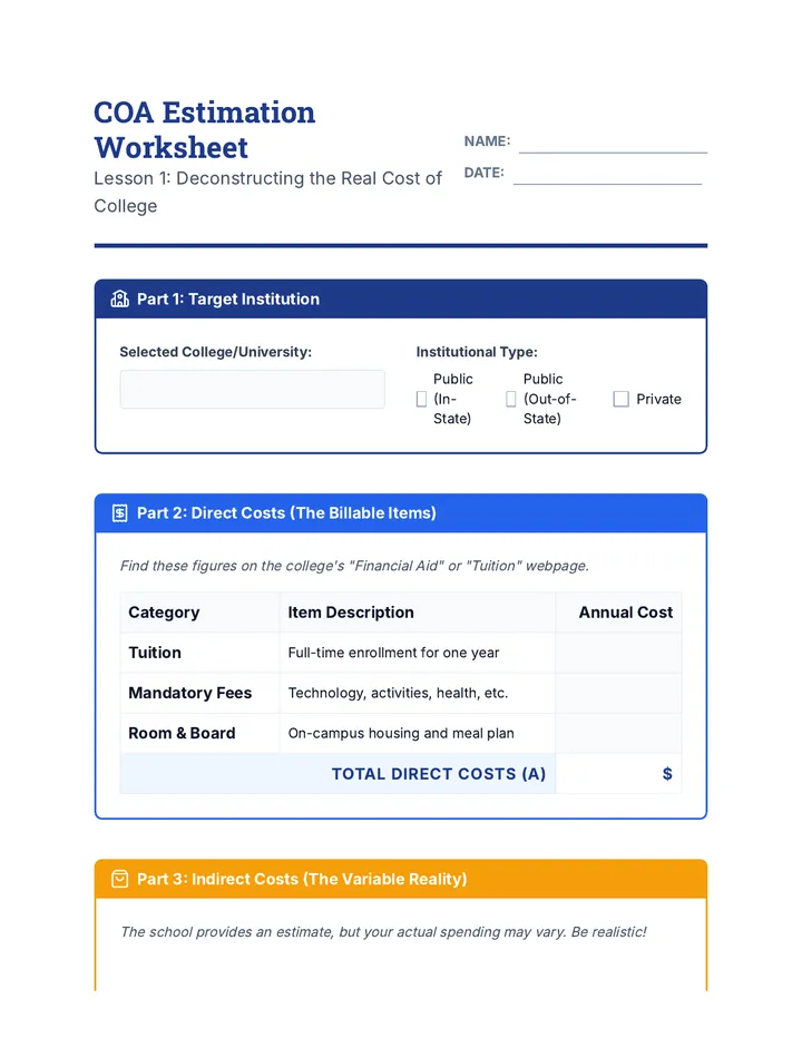 COA Estimation Worksheet