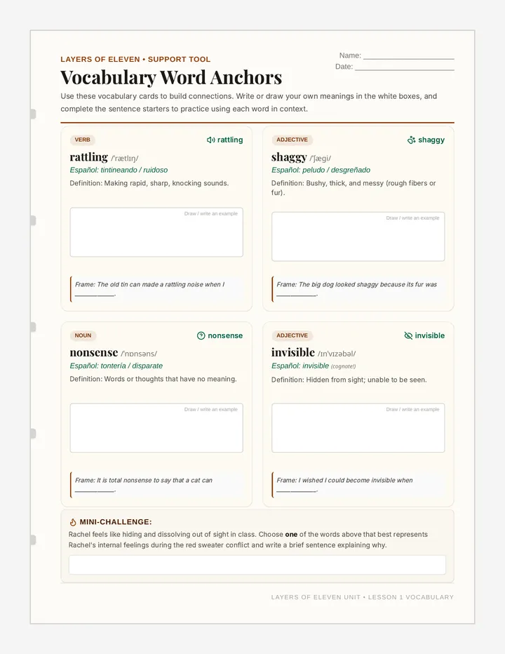 Vocabulary Support Cards