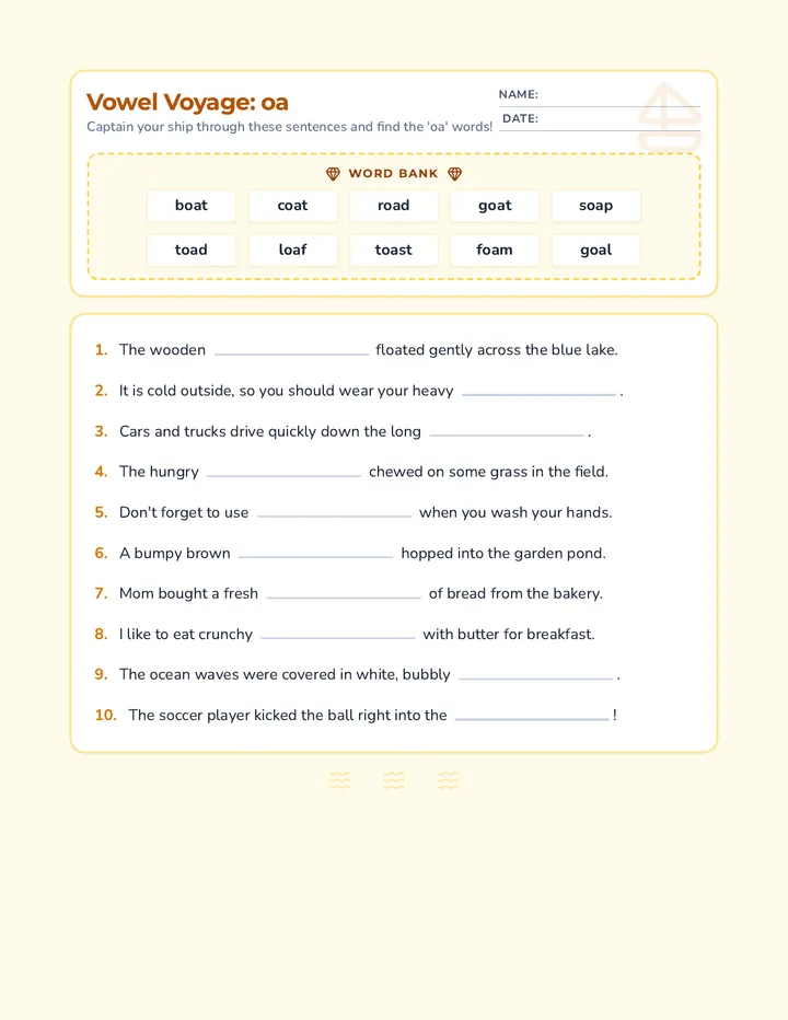 Vowel Voyage oa Worksheet