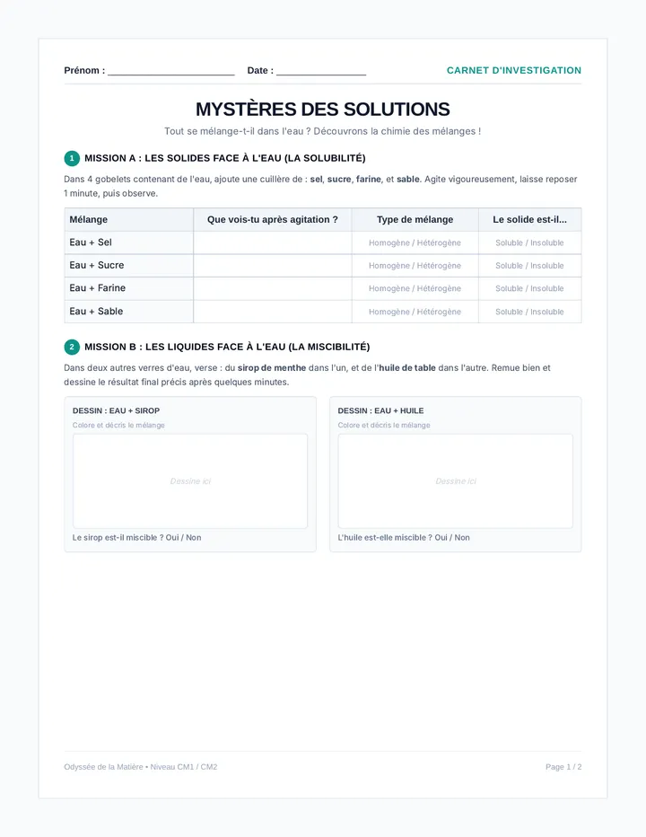 Mysteres des Solutions Fiche Eleve