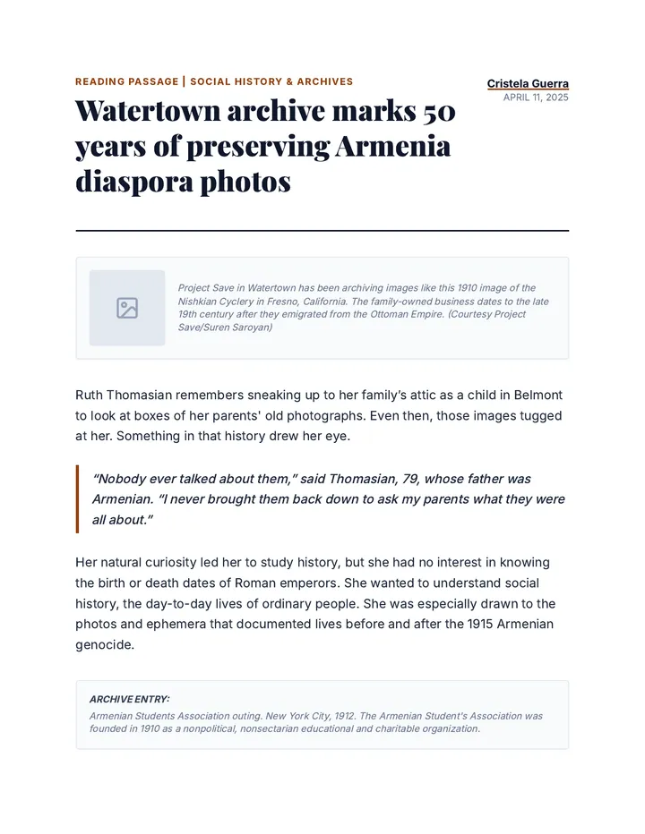 Watertown Archive Reading Passage