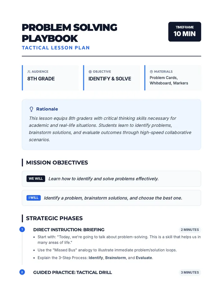Problem Solving Playbook Lesson Plan