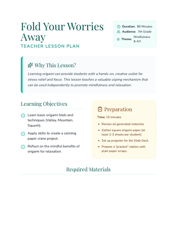 Fold Your Worries Away Lesson Plan