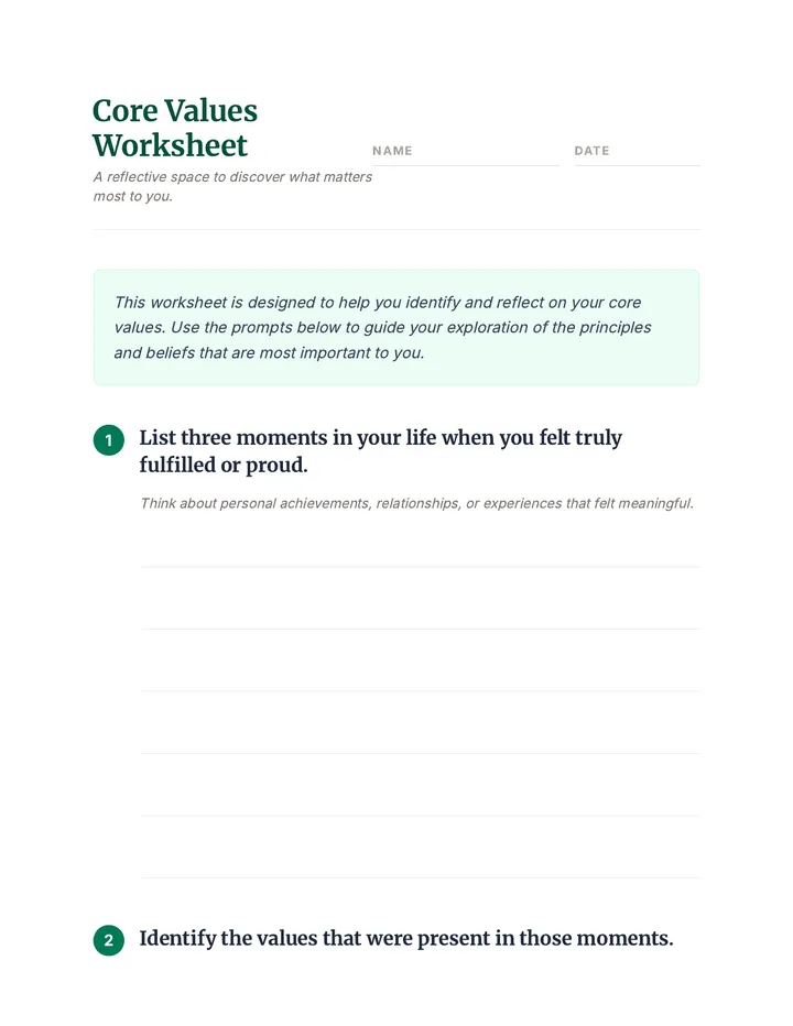 Core Values Worksheet