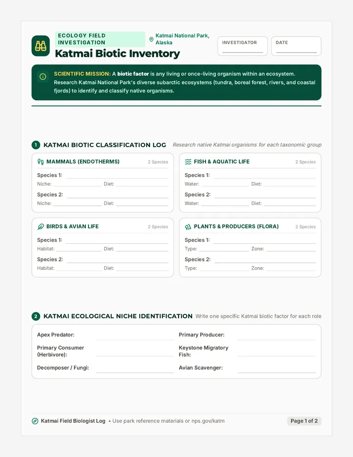 Katmai Biotic Inventory Worksheet