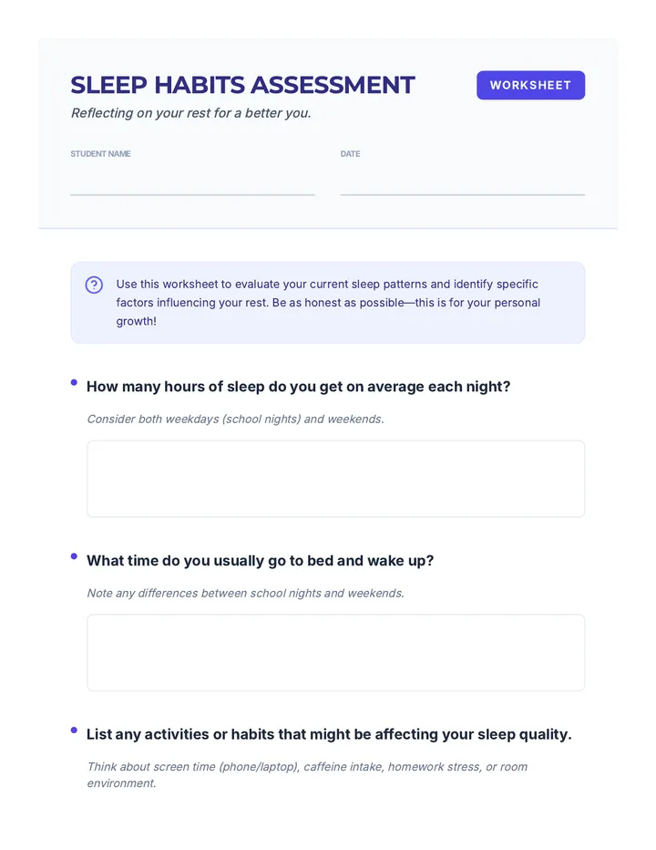 Sleep Habits Assessment Worksheet