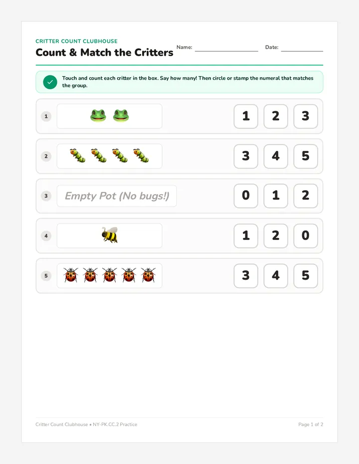 Critter Count Practice Worksheet