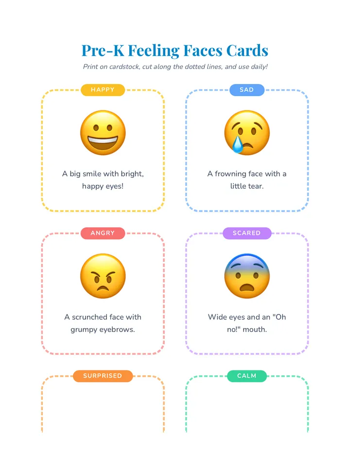 Pre-K Feeling Faces Cards Reading