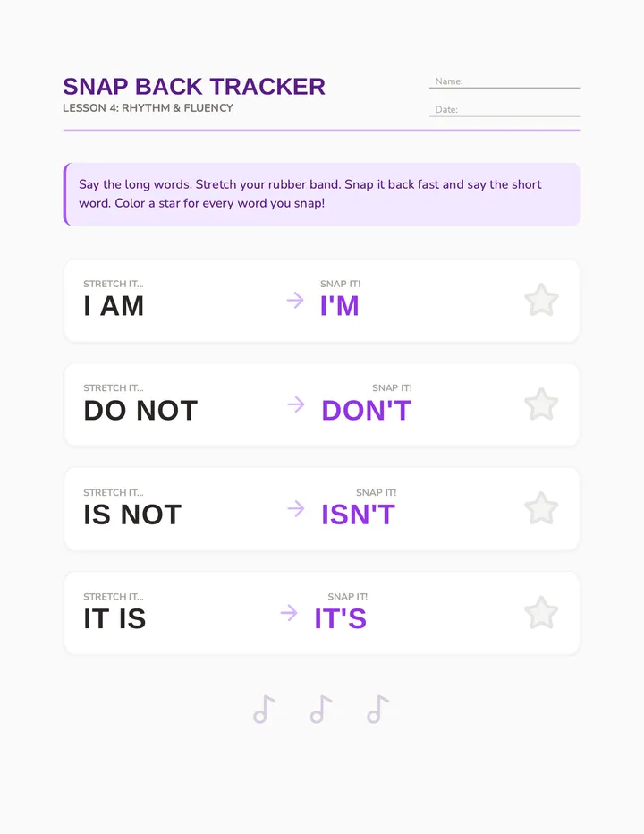 Snap Back Words Recording Sheet