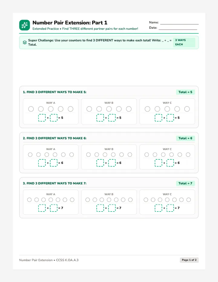 Number Pair Extension Worksheet