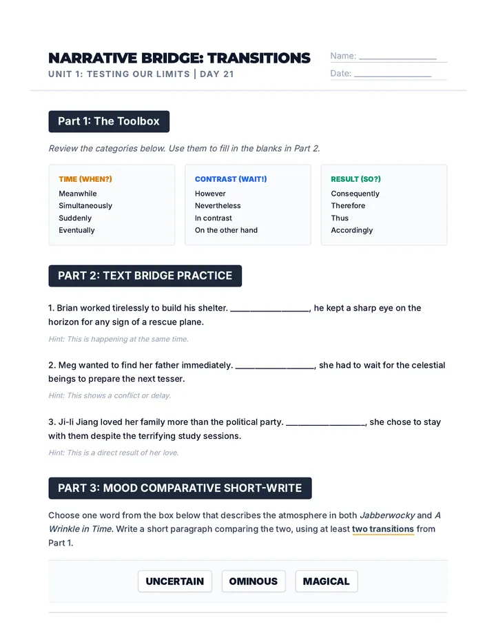 Transitions Practice Worksheet