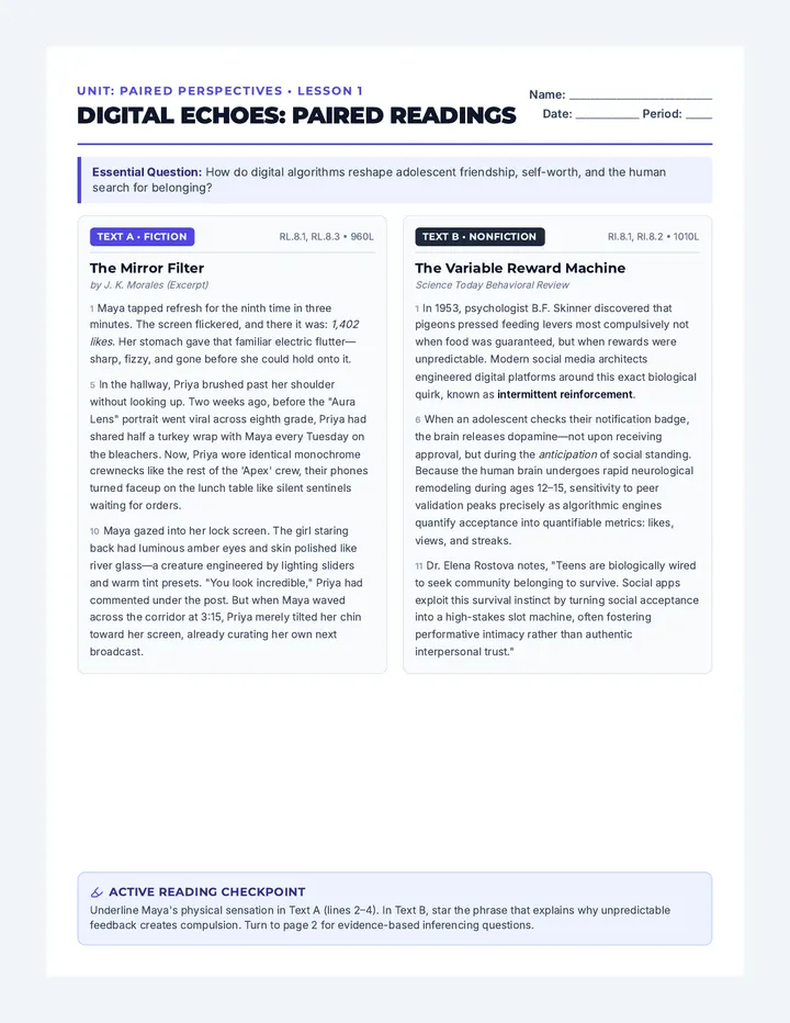 Digital Echoes Reading Worksheet