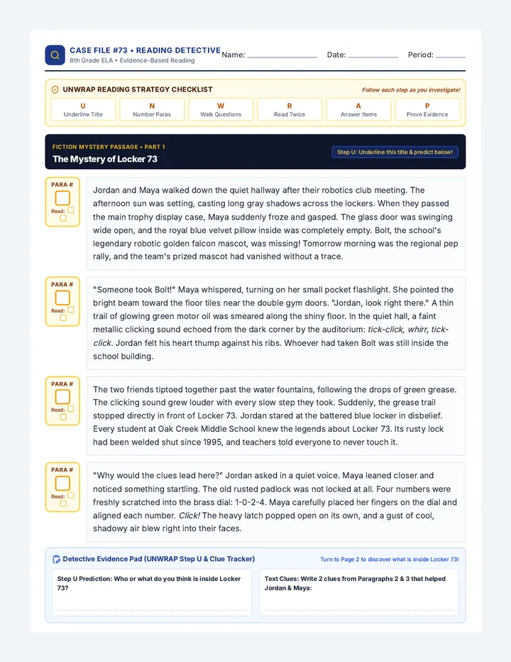 Locker Mystery Passage Worksheet