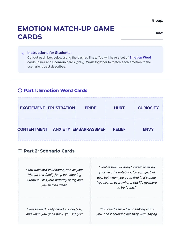 Emotion Match Up Game Cards