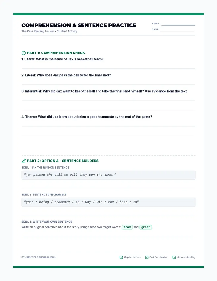 The Pass Comprehension and Sentences Worksheet