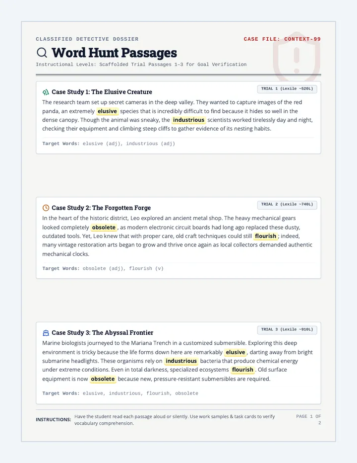 Context Detectives Passages and Data Sheet
