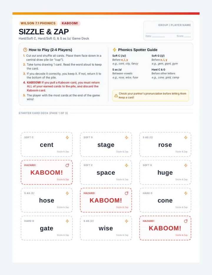 Sizzle and Zap Game Cards