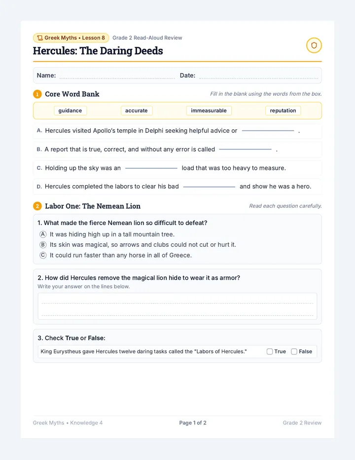 Hercules Adventures Review Worksheet