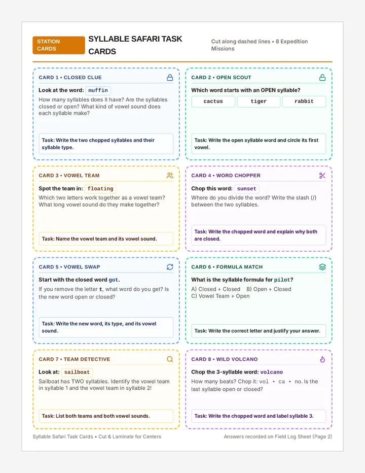Syllable Safari Task Cards