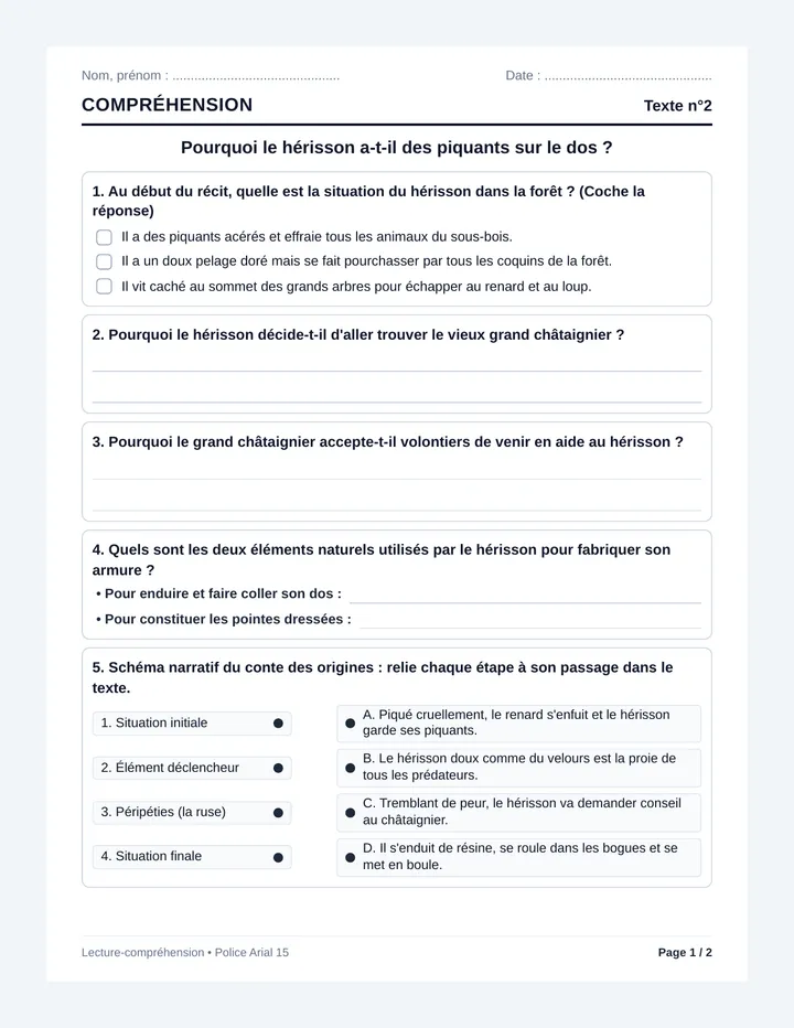 Herisson Comprehension Fiche Eleve