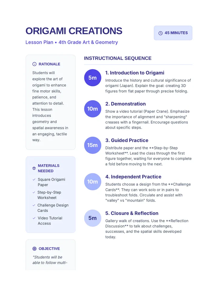 Origami Creations Lesson Plan