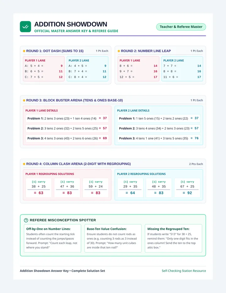 Addition Showdown Answer Key