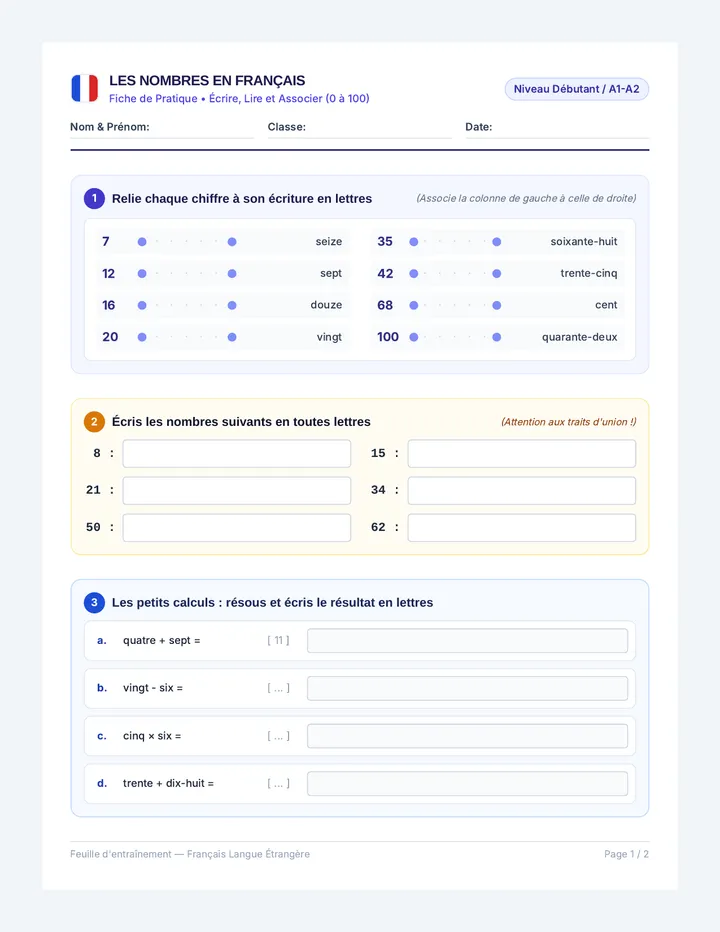 French Numbers Worksheet