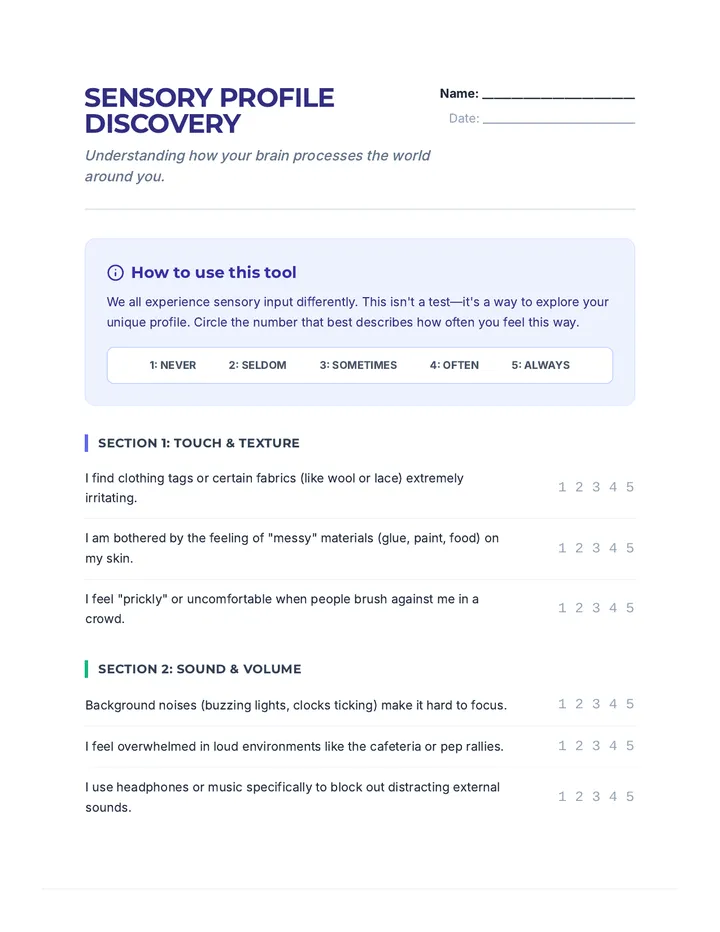 Sensory Profile Discovery Worksheet Plus Score Key