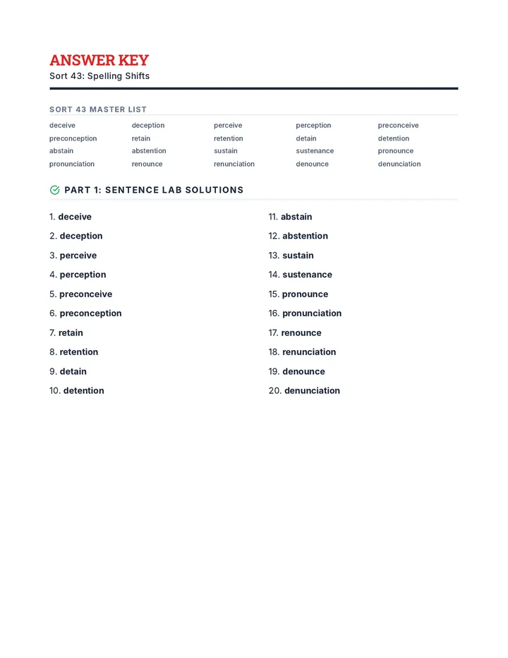 Spelling Shifts Answer Key